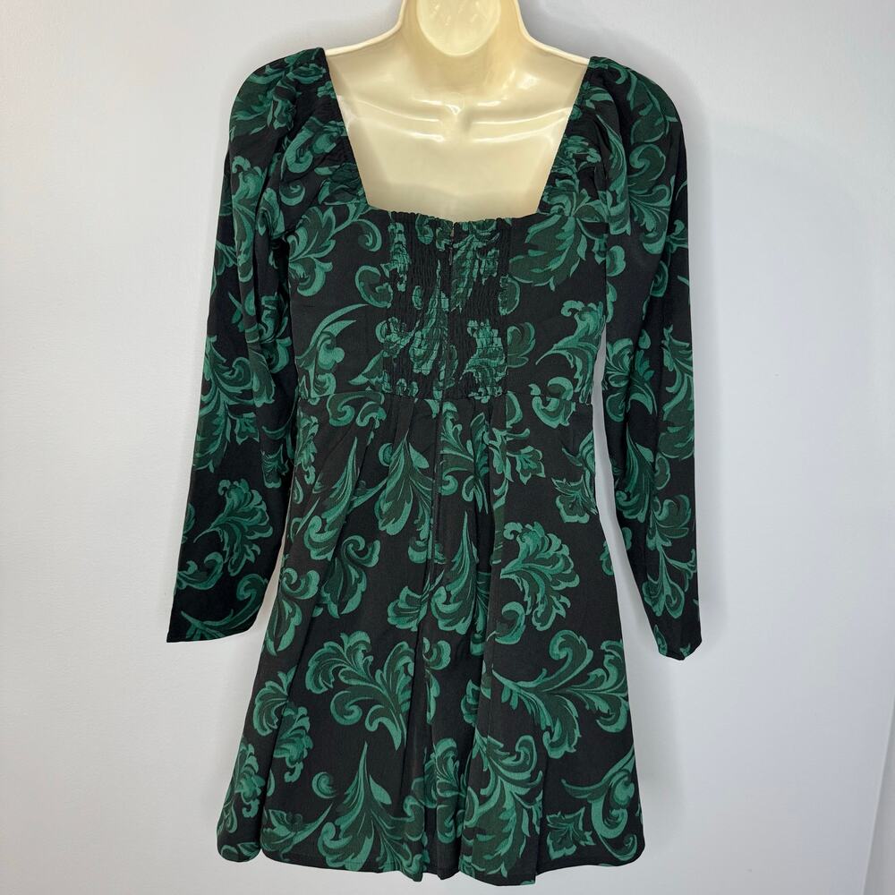 Abercrombie & Fitch Long-Sleeve Squareneck Mini Dress Green Floral Sz MP - Picture 6 of 10